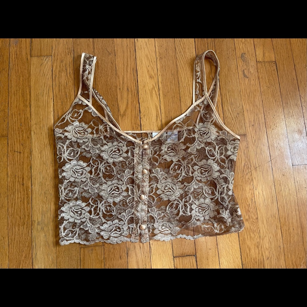 90s/ Y2K Vintage Sheer Gold Lace Crop Top - Picture 6 of 9